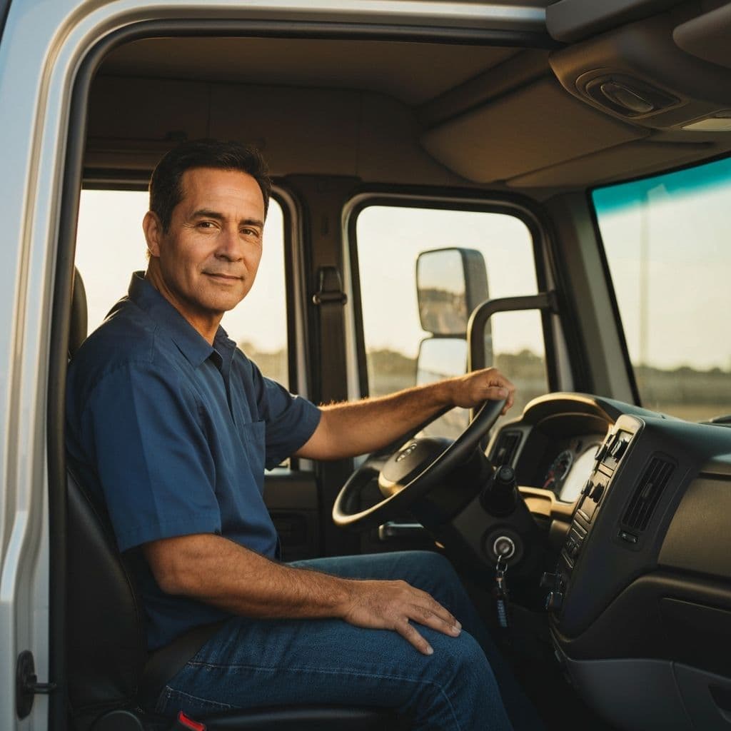 Successful truck driver in modern cab